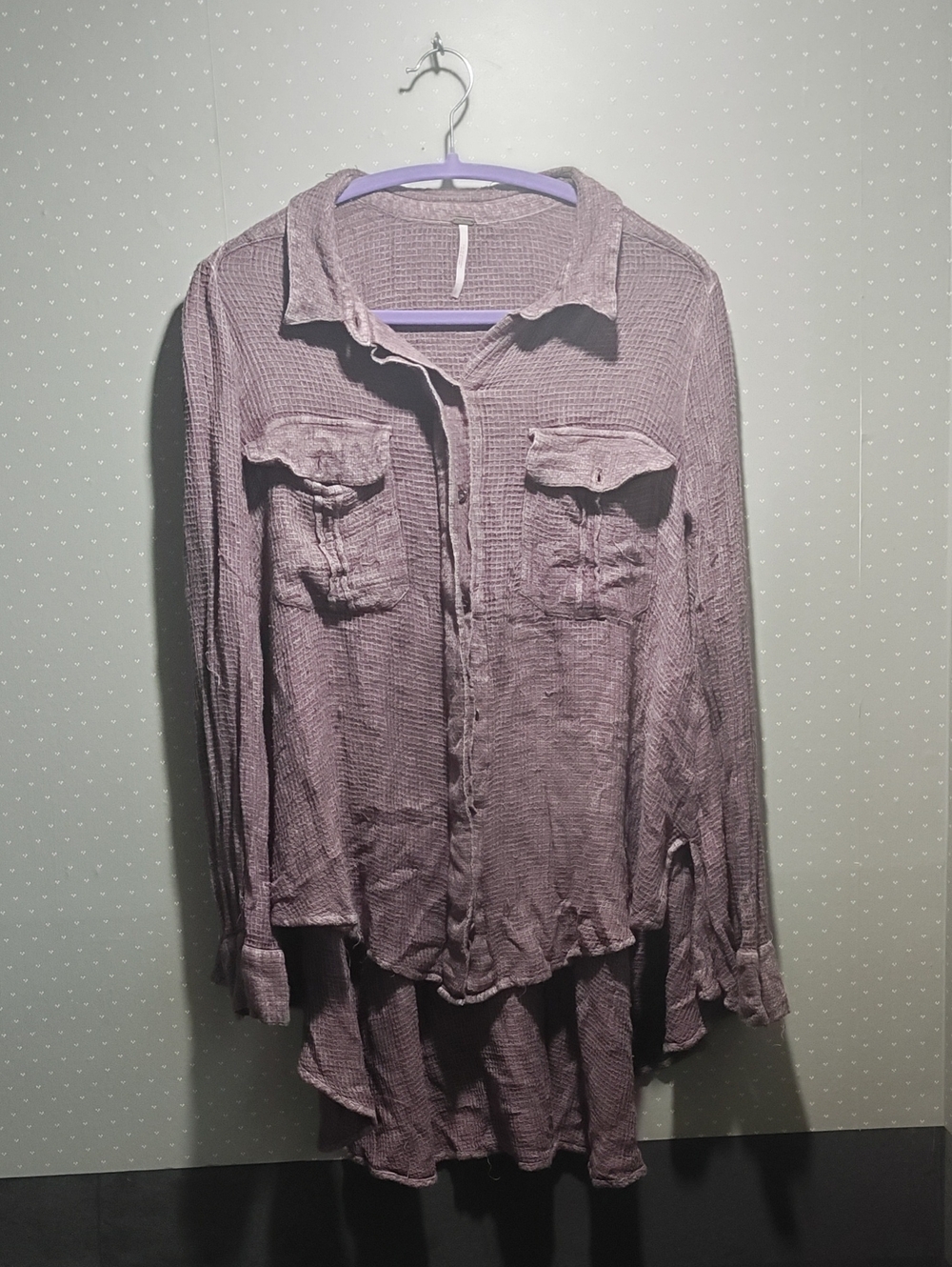 Free People Mauve Waffle Knit Utility Shirt Hi Lo Hem